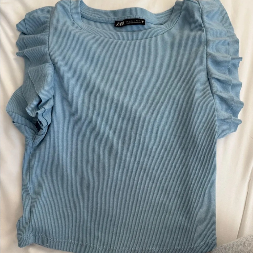 Zara Blue Puff Sleeve Ruffled Tee